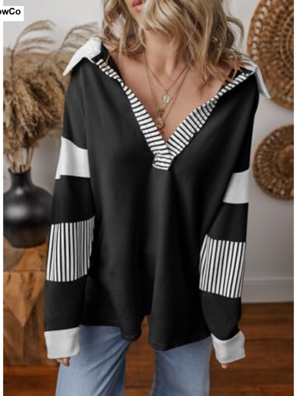 Oversized Color Block Long Sleeve V-Neck Pullover Sweatshirt Women Casual - Picture 2 of 6